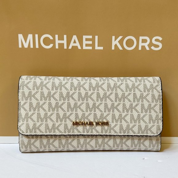 Michael Kors Jet Set Travel Large Trifold Wallet MK Vanilla - Picture 1 of 11